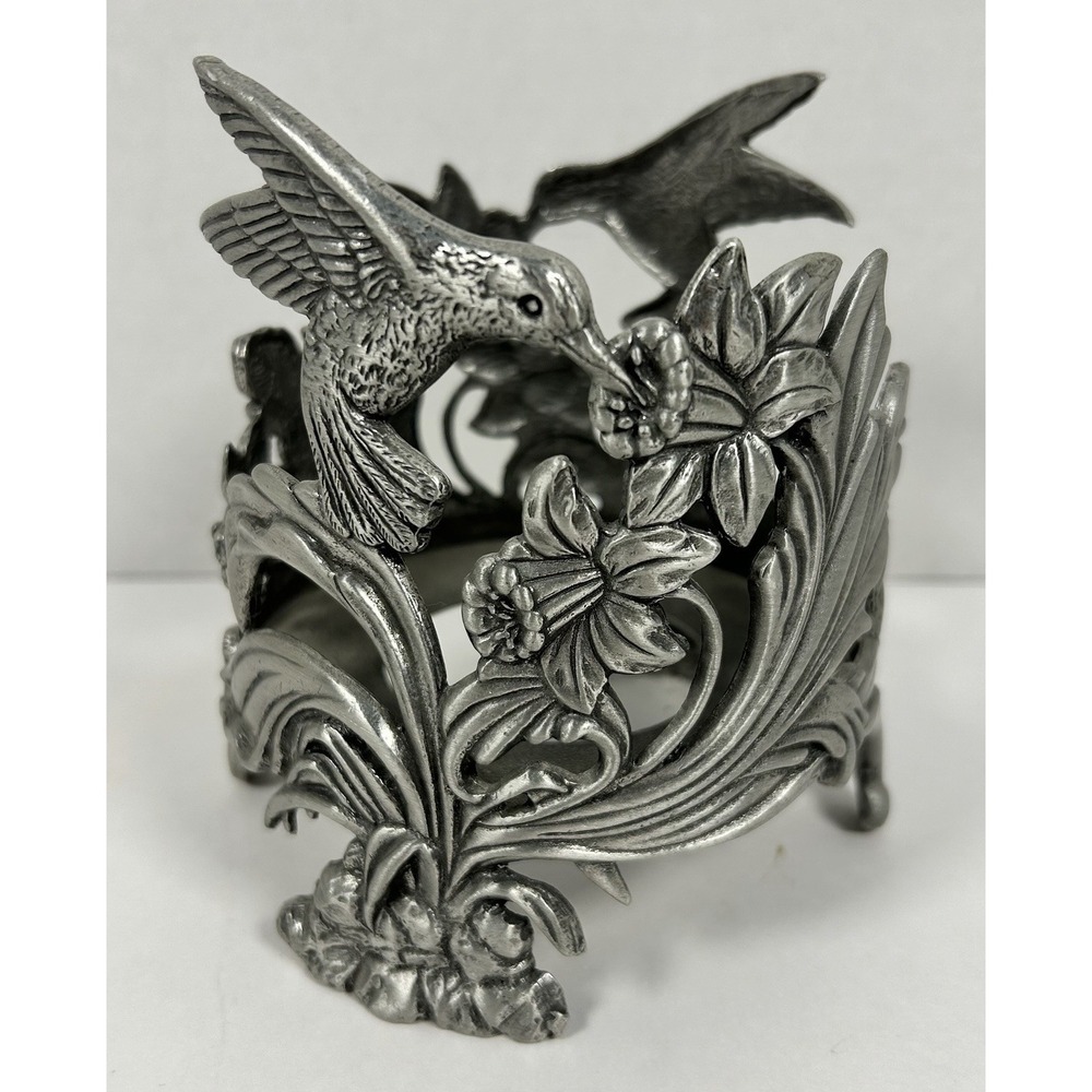Pewter Large Jar Candle Holder Hummingbirds Flowers Daffodil Salt City